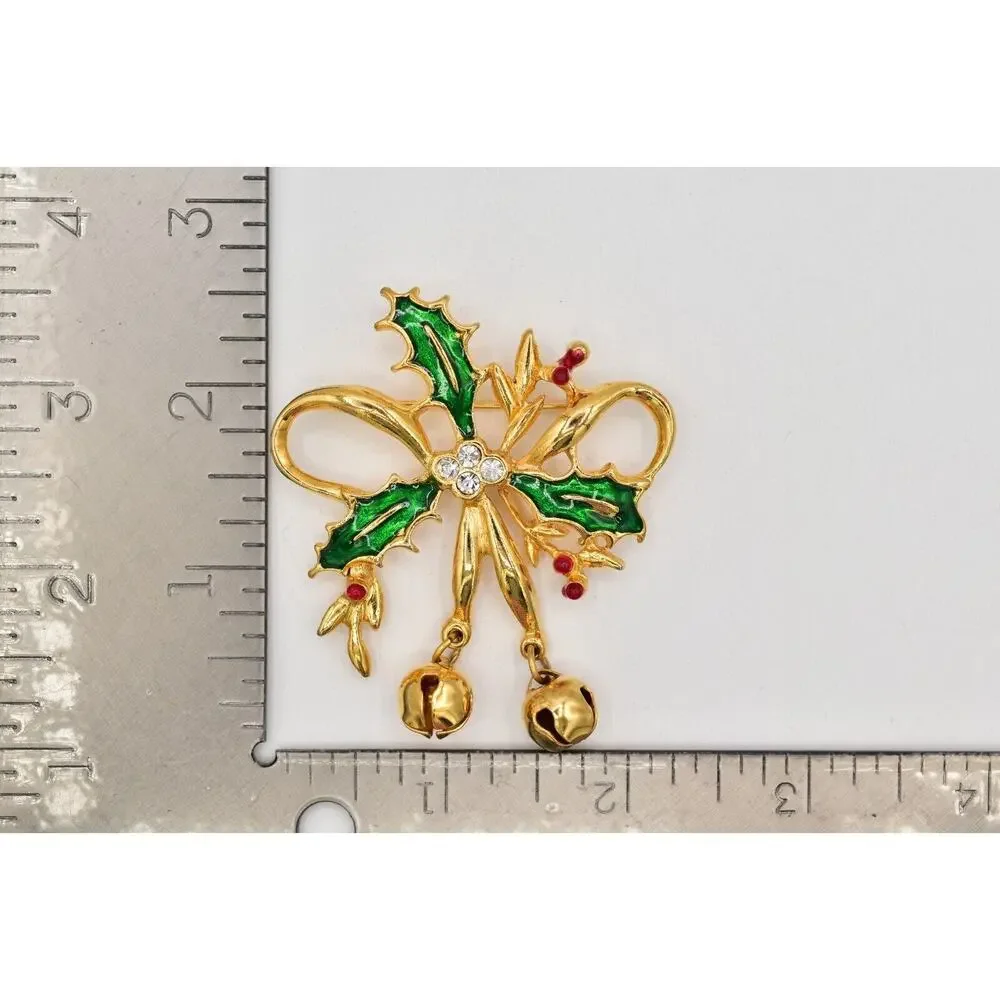 Vintage Christmas Pin Brooch Bell Holly Berry Green Red Enamel Gold 1980s BinAL